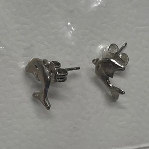Silver tone dolphin earrings for pierced ears small